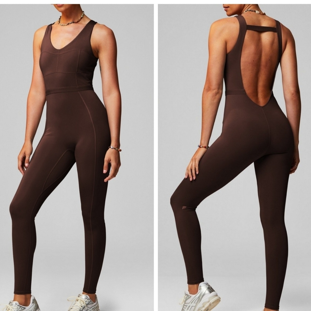 Fabletics motion365 one piece jumpsuit chocolate brown open back leggings small